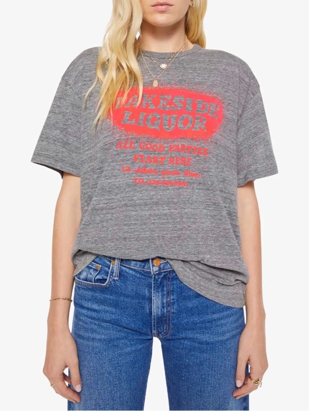 MOTHER The Lowdown Lakeside Liquor Women’s Oversized Tee Size XL Heathered Grey